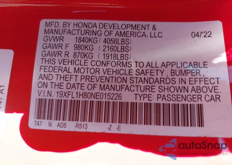 2022 Honda Civic Sport Touring z USA, uszkodzony, nr VIN 19XFL1H80NE015226